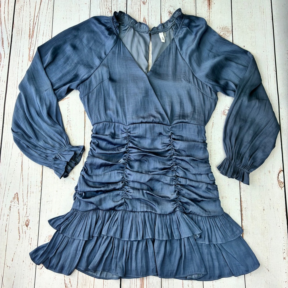 Glam Blue Ruched Ruffle Mini Dress Long Sleeve V-Neck Size M